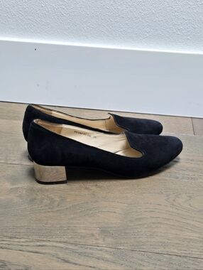 Ria Rosa Italy Handmade Suede Leather Gold Metallic Block Heel Loafer in Black